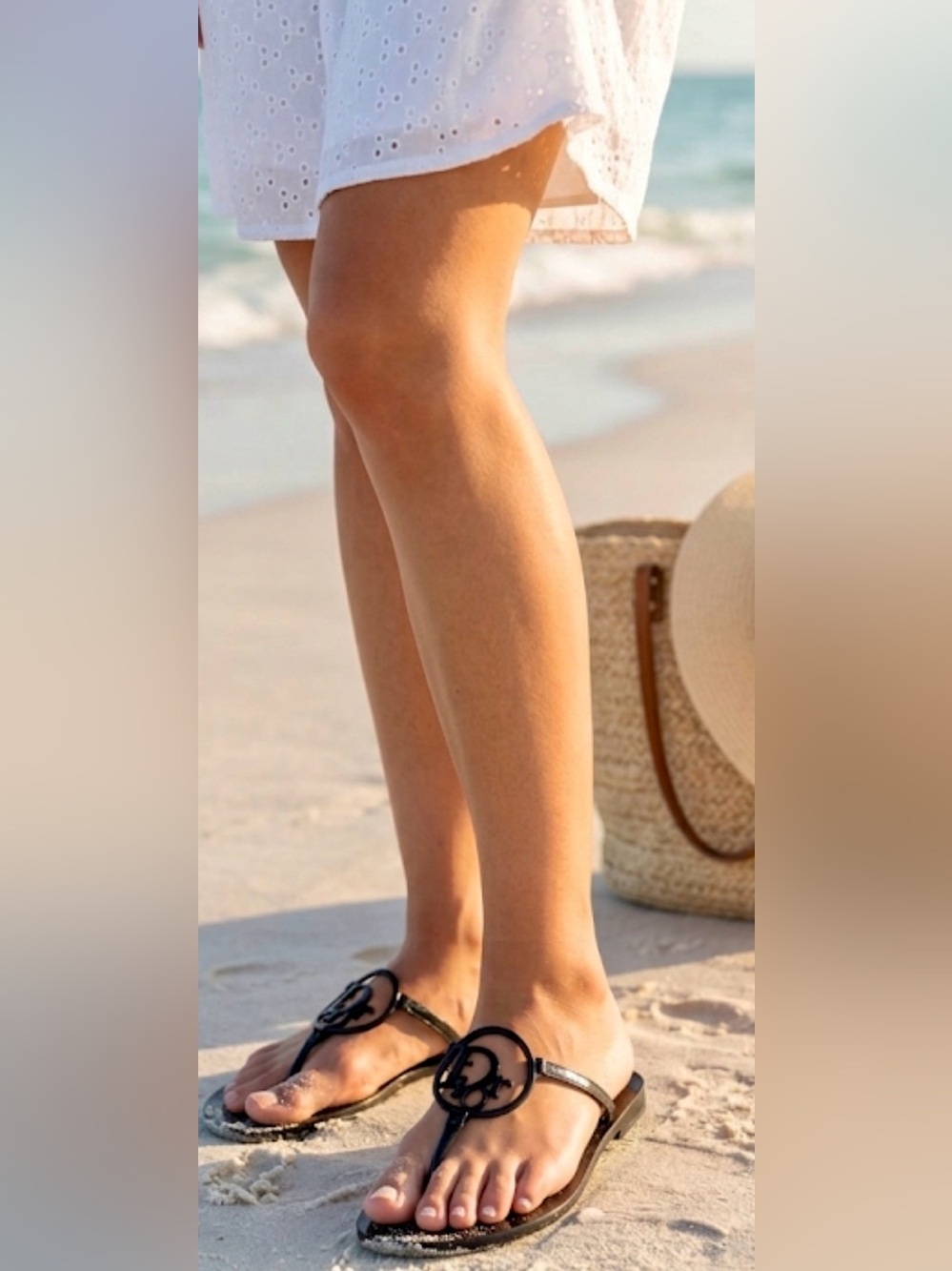 DIOR Circle Logo Early 2000s Galliano T-Strap Black Leather Thong Sandals 38.5/8